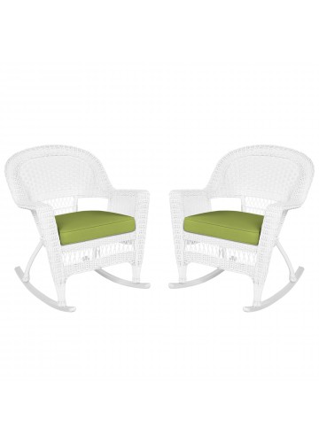 White Rocker Wicker Chair with Sage Green Cushion- Set of 2
