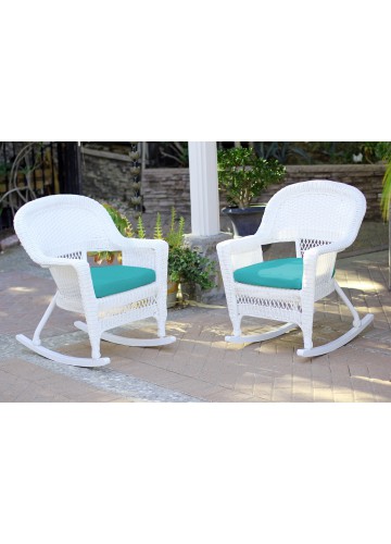 White Rocker Wicker Chair with Turquoise Cushion- Set of 2