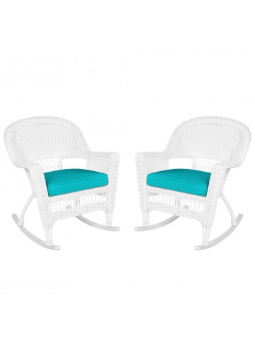 White Rocker Wicker Chair with Turquoise Cushion- Set of 2