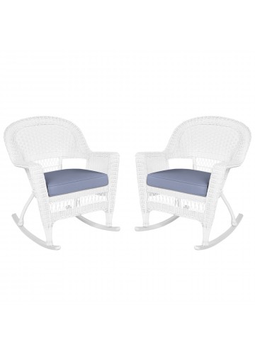 White Rocker Wicker Chair with Steel Blue Cushion- Set of 2