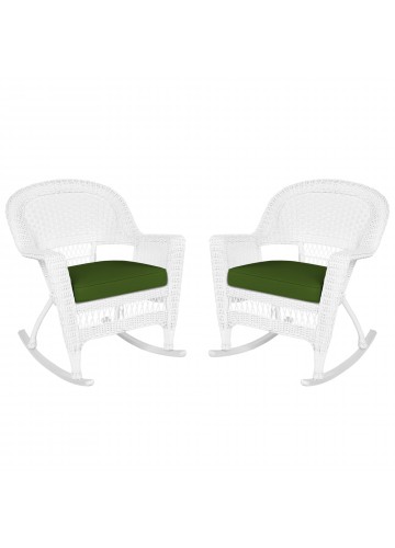 White Rocker Wicker Chair with Hunter Green Cushion- Set of 2