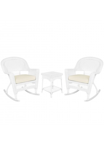 3pc White Rocker Wicker Chair Set With Ivory Cushion