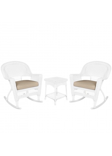 3pc White Rocker Wicker Chair Set With Tan Cushion
