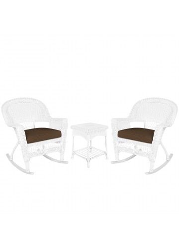 3pc White Rocker Wicker Chair Set With Brown Cushion