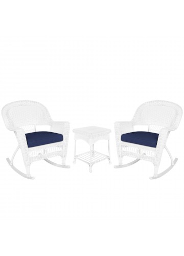 3pc White Rocker Wicker Chair Set With Midnight Blue Cushion