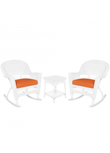 3pc White Rocker Wicker Chair Set With Orange Cushion