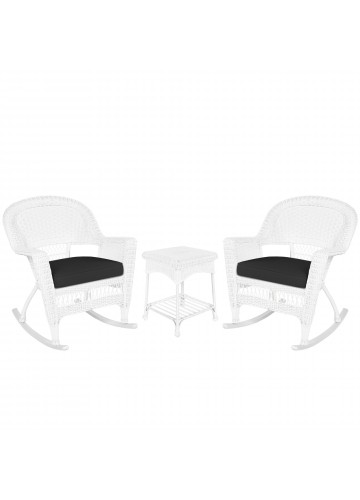 3pc White Rocker Wicker Chair Set With Black Cushion