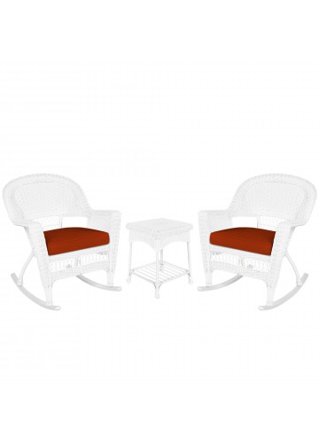 3pc White Rocker Wicker Chair Set With Brick Red Cushion