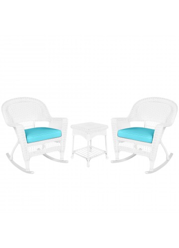 3pc White Rocker Wicker Chair Set With Sky Blue Cushion