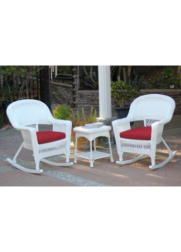 3pc White Rocker Wicker Chair Set With Red Cushion