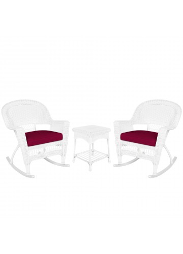 3pc White Rocker Wicker Chair Set With Red Cushion