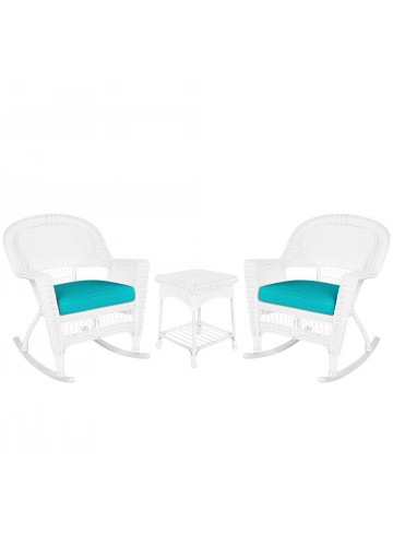 3pc White Rocker Wicker Chair Set With Turquoise Cushion