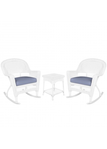 3pc White Rocker Wicker Chair Set With Steel Blue Cushion