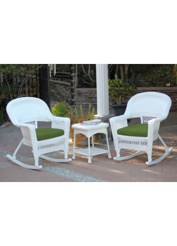 3pc White Rocker Wicker Chair Set With Hunter Green Cushion