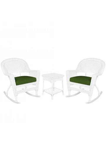 3pc White Rocker Wicker Chair Set With Hunter Green Cushion