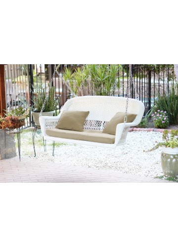 White Resin Wicker Porch Swing with Tan Cushion