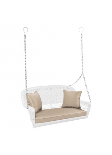 White Resin Wicker Porch Swing with Tan Cushion