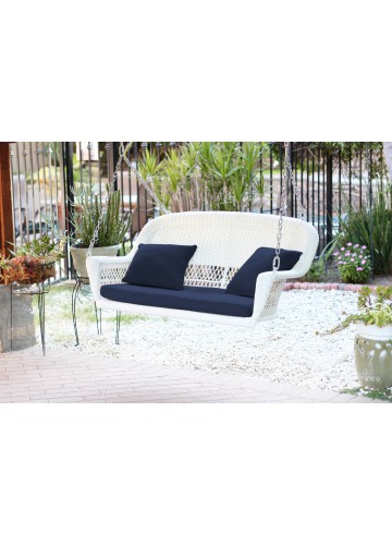 White Resin Wicker Porch Swing with Midnight Blue Cushion