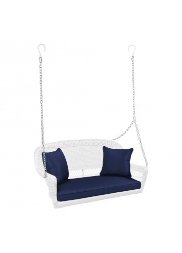White Resin Wicker Porch Swing with Midnight Blue Cushion