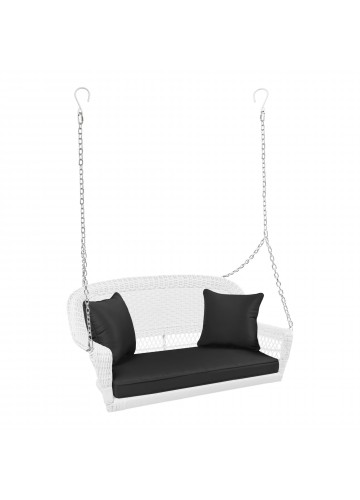 White Resin Wicker Porch Swing with Black Cushion