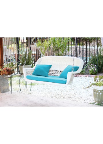 White Resin Wicker Porch Swing with Sky Blue Cushion