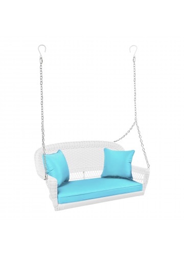 White Resin Wicker Porch Swing with Sky Blue Cushion