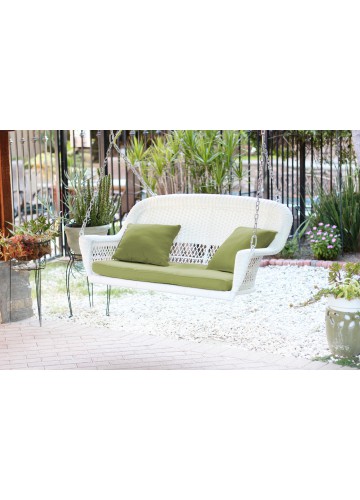 White Resin Wicker Porch Swing with Sage Green Cushion