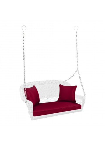 White Resin Wicker Porch Swing with Red Cushion