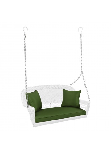 White Resin Wicker Porch Swing with Hunter Green Cushion