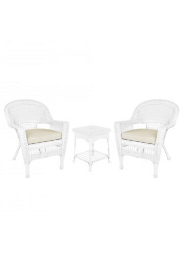 White Wicker Chair And End Table Set With Ivory Chair Cushion