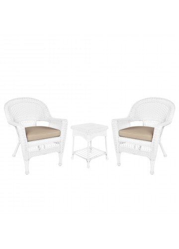 White Wicker Chair And End Table Set With Tan Chair Cushion