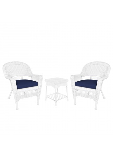 White Wicker Chair And End Table Set With Midnight Blue Chair Cushion