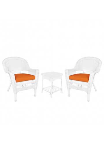 White Wicker Chair And End Table Set With Orange Chair Cushion