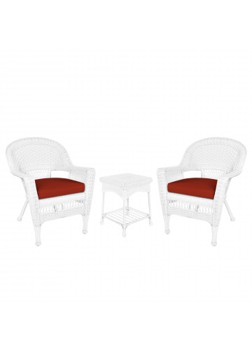White Wicker Chair And End Table Set With Brick Red Cushion