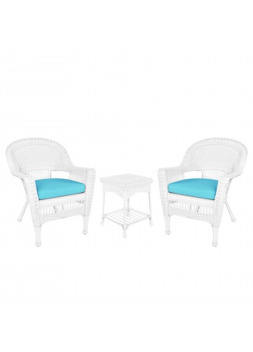 White Wicker Chair And End Table Set With Sky Blue Chair Cushion