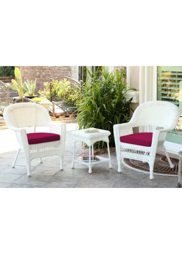 White Wicker Chair And End Table Set With Red Chair Cushion