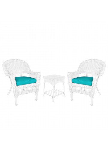 White Wicker Chair And End Table Set With Turquoise Chair Cushion