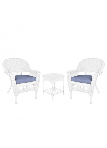 White Wicker Chair And End Table Set With Steel Blue Chair Cushion