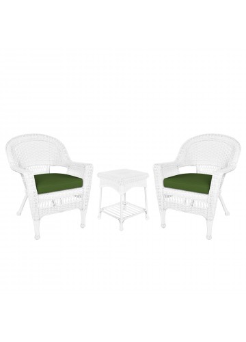 White Wicker Chair And End Table Set With Hunter Green Chair Cushion
