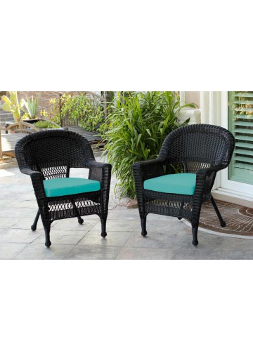 Black Wicker Chair With Turquoise Cushion - Set of 2