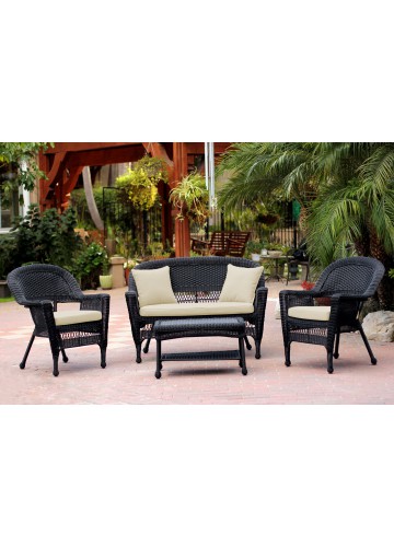 4pc Black Wicker Conversation Set - Ivory Cushion