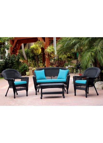 4pc Black Wicker Conversation Set - Sky Blue Cushion