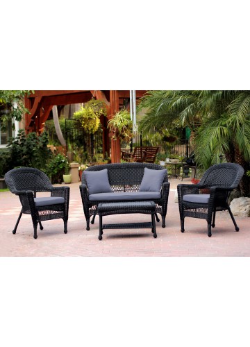 4pc Black Wicker Conversation Set - Steel Blue Cushion