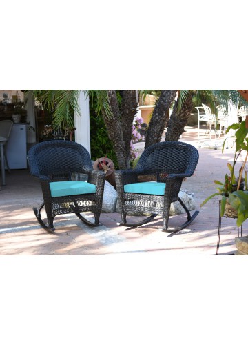 Black Rocker Wicker Chair with Sky Blue Cushion - Set of 2