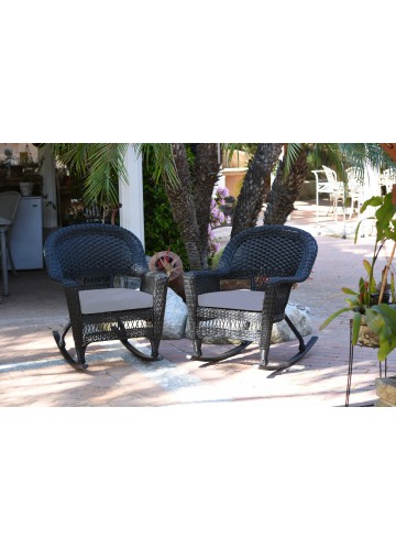 Black Rocker Wicker Chair with Steel Blue Cushion - Set of 2