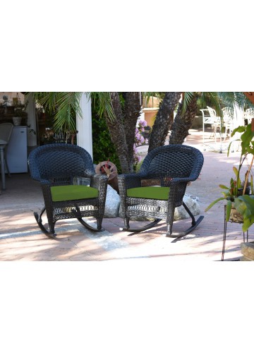 Black Rocker Wicker Chair with Hunter Green Cushion - Set of 2