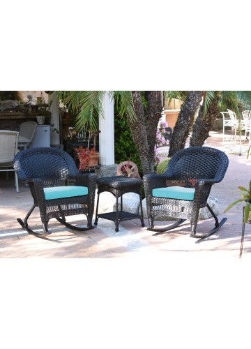 3pc Black Rocker Wicker Chair Set With Sky Blue Cushion