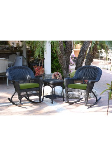 3pc Black Rocker Wicker Chair Set With Hunter Green Cushion