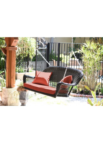 Black Resin Wicker Porch Swing with Brick Red Cushion