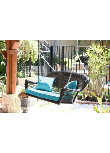 Black Resin Wicker Porch Swing with Sky Blue Cushion